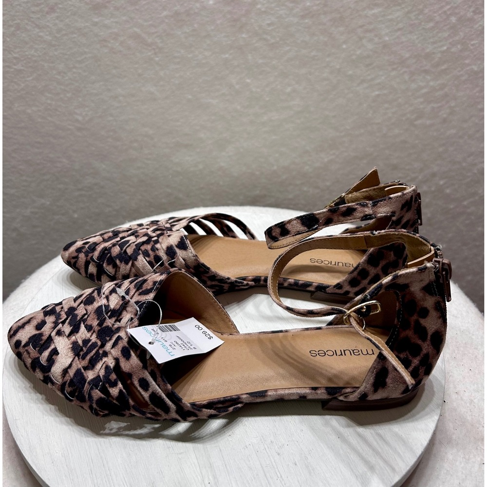 Maurices Womens Leopard Print Woven Pointed Toe Ankle Strap Flats Size 8.5 M
